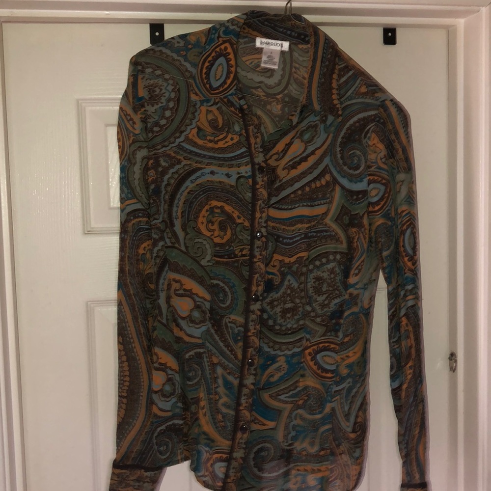 Multi colored blouse buttoned Down.  Harold’s